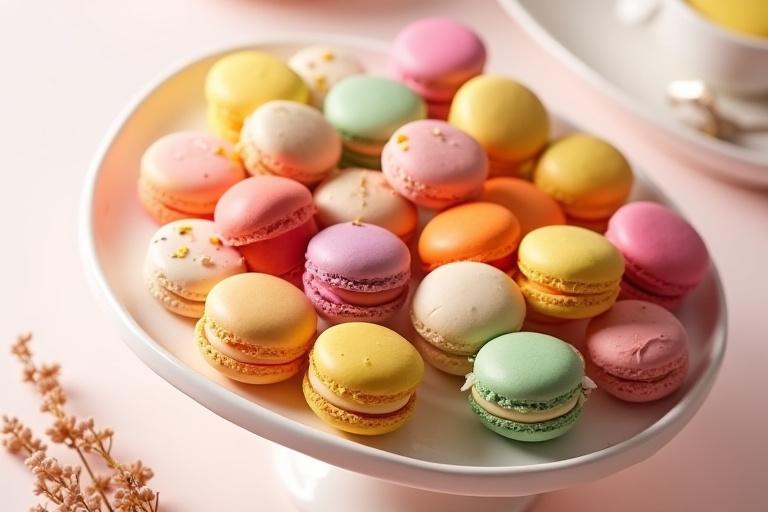 Una selección de pequeños pastelitos individuales y macarons coloridos.