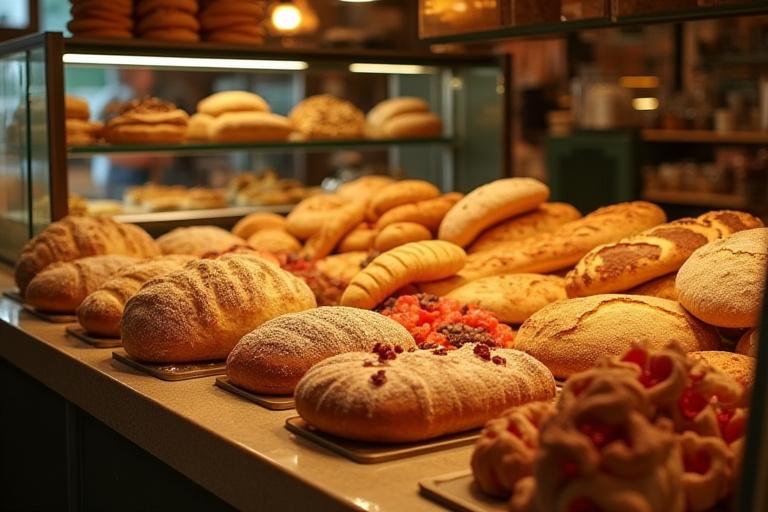 El mostrador de Jade Dulce lleno de pasteles y panes del día.