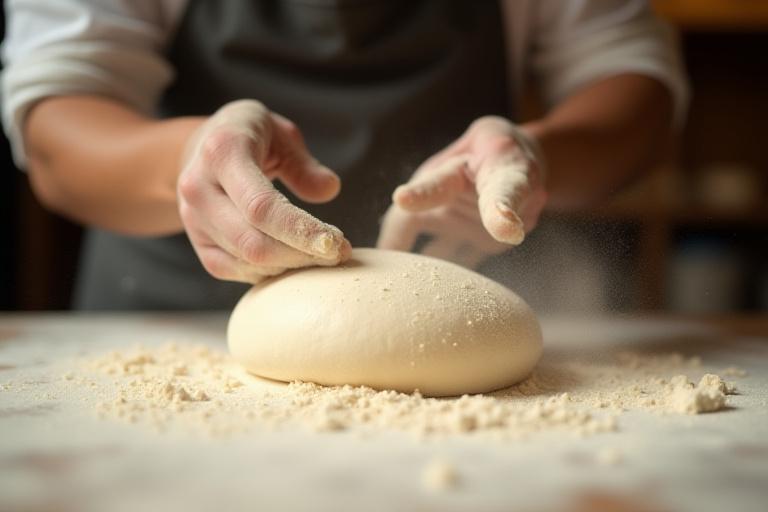 Manos de un panadero espolvoreando harina sobre una masa.